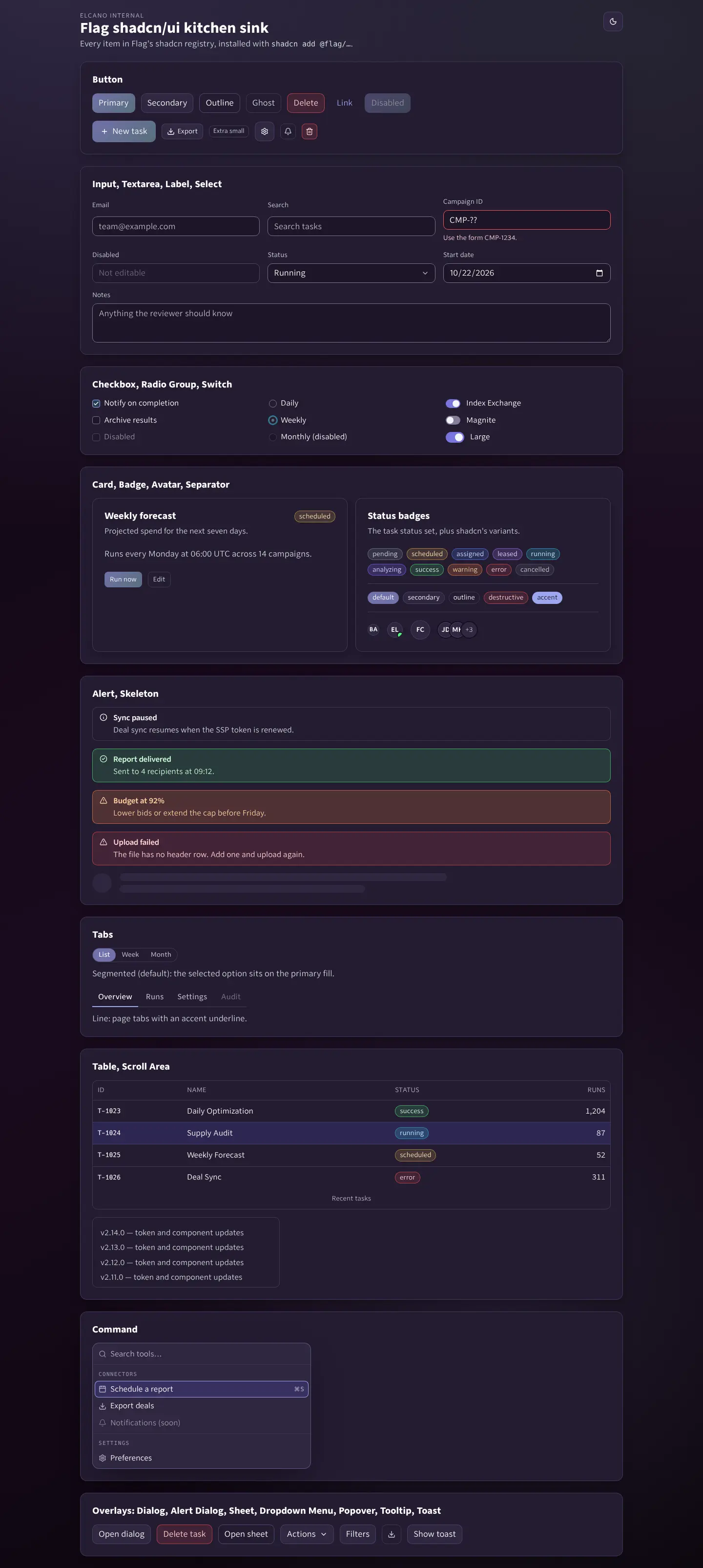 All Flag shadcn components (dark theme)
